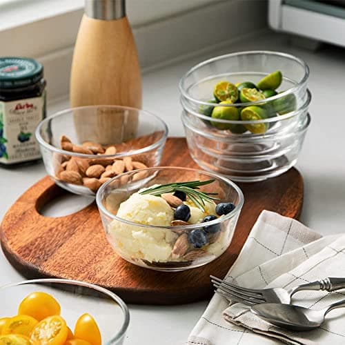 Mevanta Premium Glass Serving Bowl 5 inch, Desserts, Sweets, Snacks, Fruits, Cereals, Vegetable, 5 inch Food Bowl for Restaurants, Modular Kitchen, Gifts & Special Events - Set of 6 (Round - 03)