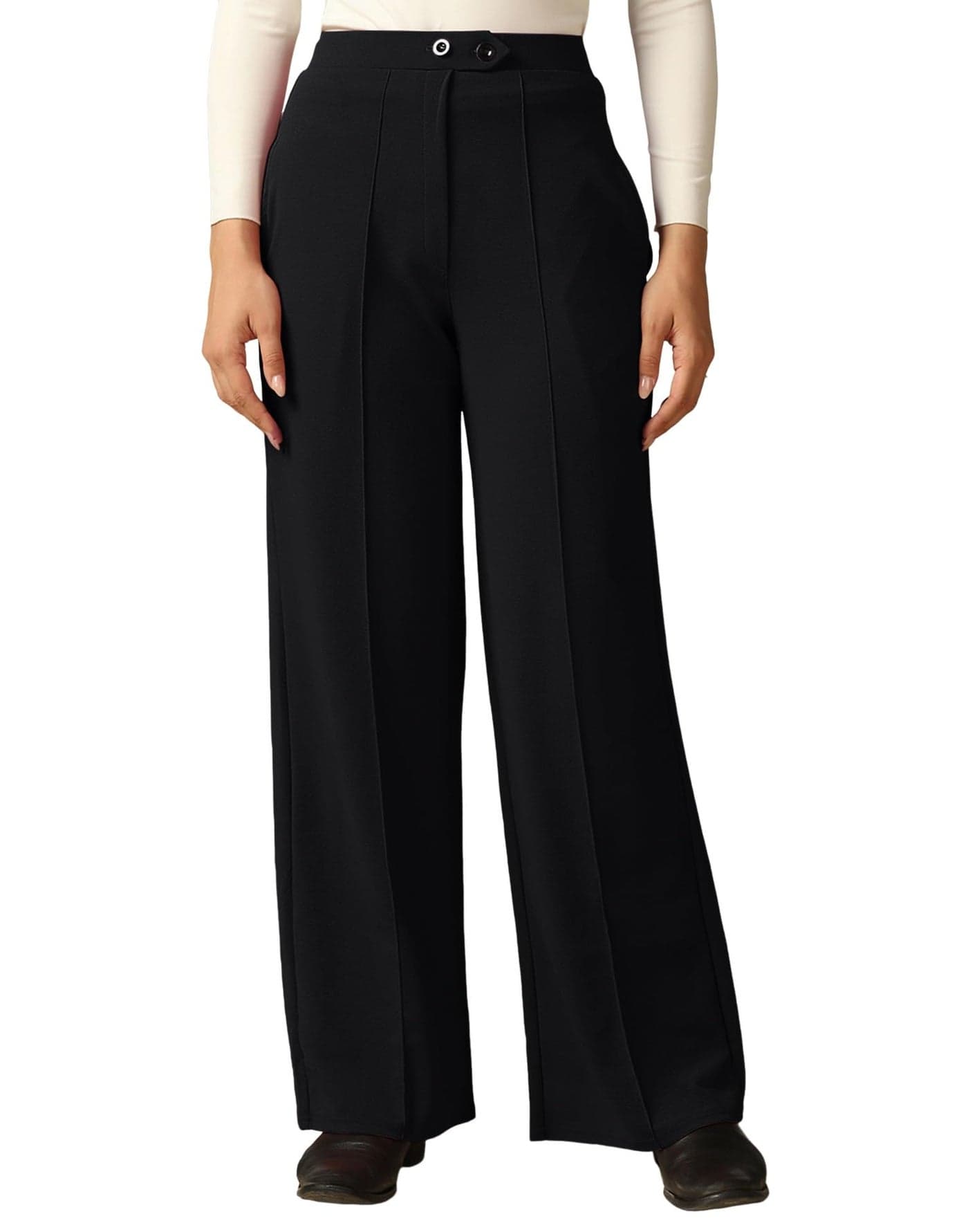 SIRIL Women's Polyester Solid Regular Fit Trouser Pant for Office, College & Events Formal Casual Daily Use (887BTK254-L_Black)
