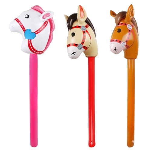 3PCS Inflatable Stick HorseInflatable Horse Head on Stick Horse Costume PonyHalloweenWestern CowboyHorse Baby Shower Birthday Party Decorations Supplies Favors Props37 Inches Red Pink Brown