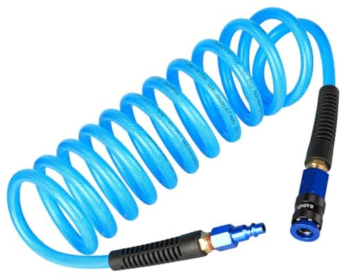 EADUTY Heavy Duty Reinforced Polyurethane Recoil Air Hose 1/4 in x 10 ft, Lightweight, Flexible Compressor Hose with Universal Quick Coupler, Plug and Bend Restrictors, Blue