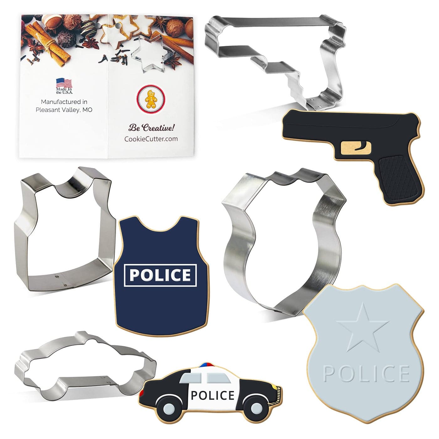 Foose Cookie Cutters Police 4 Piece Set 425 in Police Badge 4 in Police Car 4 in Hand Gun 35 in Bullet Proof Vest Hand Made in the USA