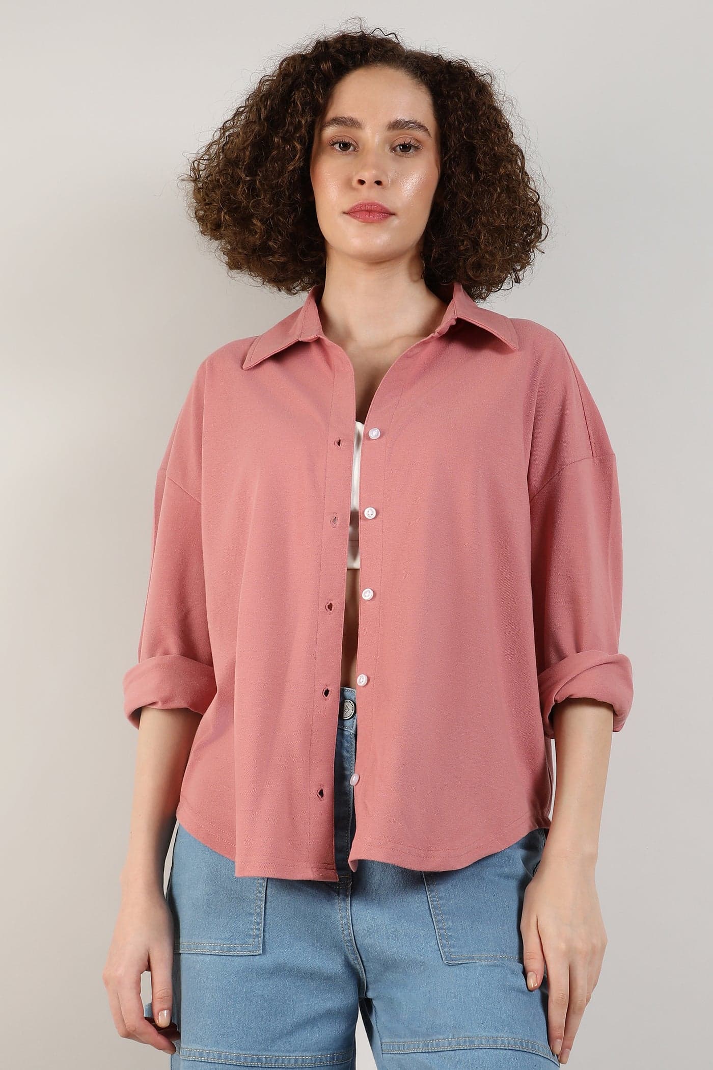 Women's Salmon Pink Solid Boxy Shirt