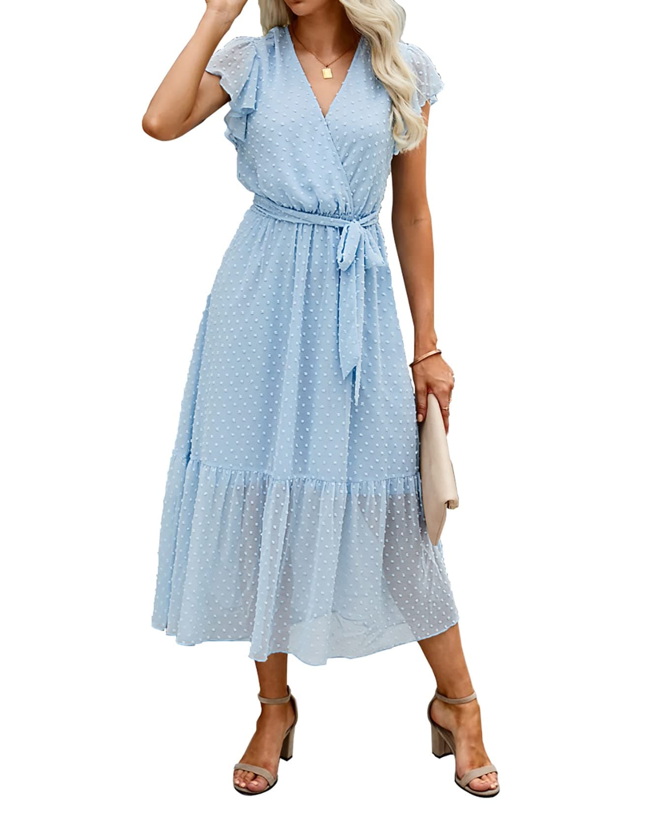 BTFBM Women Summer Bohemian Floral Casual Wrap V Neck Ruffle Cap Sleeveless Belt A-Line Pleated Hem Swing Midi Sun Dress (Swiss Dot Light Blue, l)