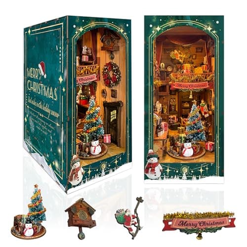 Christmas Book Nook Kit with LED Light DIY 3D Puzzles Miniature House Kit Rotating Decorative Dollhouse Book Nooks for Adults Teens Gift Jingle Cabin SQ34