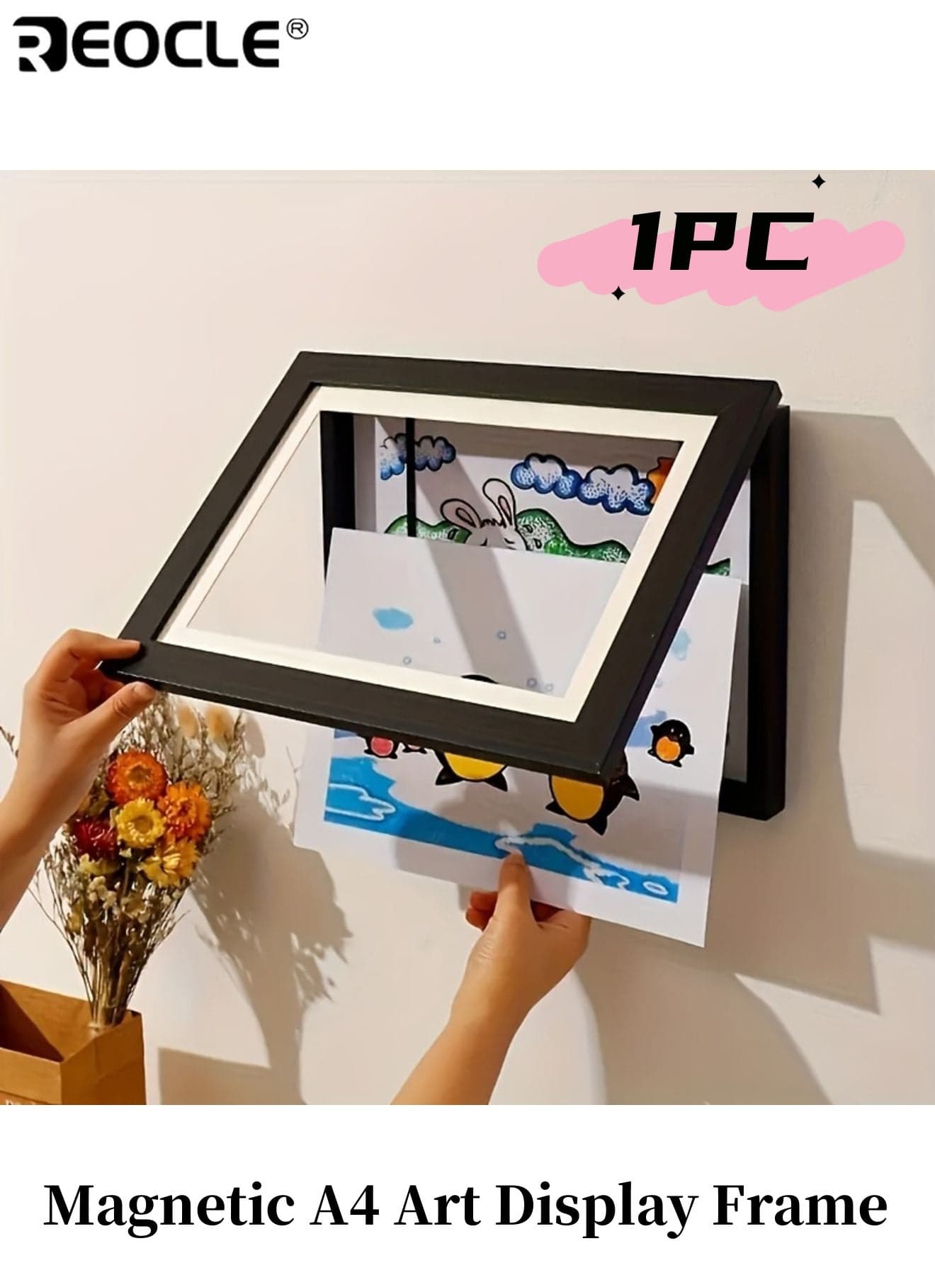 1pc Magnetic A4 Art Display Frame Front Opening Foldable Design for Youngsters' Drawings Photos Versatile Wall Decor Theme for Home Office Outer Frame 12.99"L × 9.45"W × 1.26"H