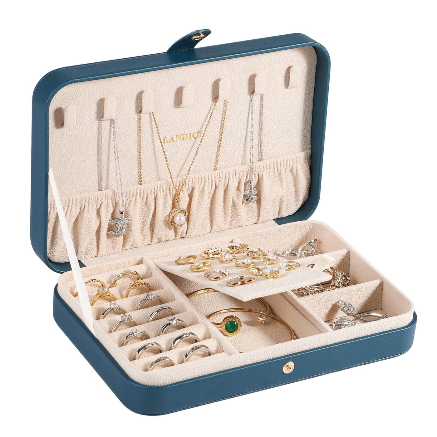 LANDICI Small Jewelry Box for Women Girls PU Leather Travel Jewelry Organizer Case Jewellery Storage Holder Display for Ring Earrings Necklace Bracelet Bangle Watch Men Kids Gift Bluish Green
