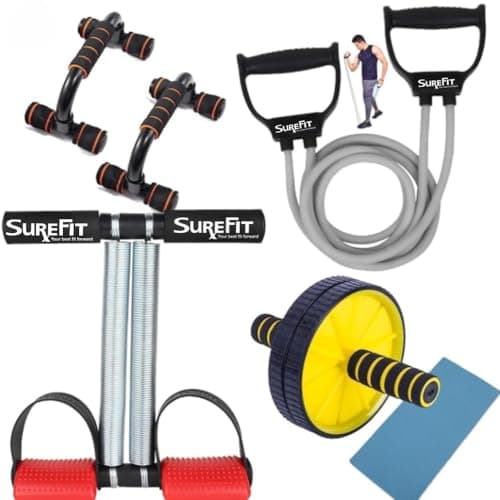 SUREFIT 4-in-1 Home Gym Combo | Double Spring Tummy Trimmer, Resistance Toning Tube, Ab Roller & Push-Up Bar | Full Body Fitness Kit for Men & Women | Home Workout Set (RED)