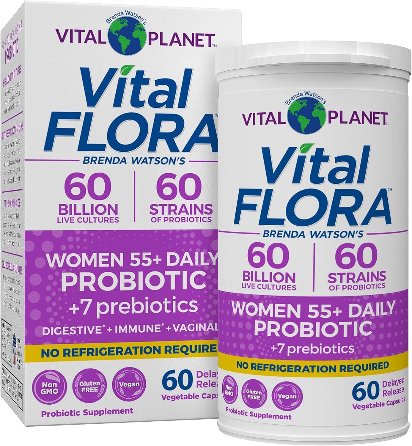 Vital Planet Vital Flora Probiotics for Women Over 55 Daily Shelf Stable Probiotic 60 Billion CFU 60 Diverse Strains 7 Organic Prebiotics Immune Support and Digestive Health 60 Capsules