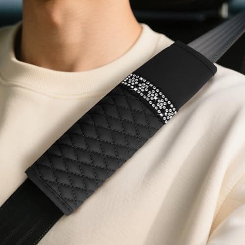 wuyaoyao 2PCS Bling Car Seat Belt Cover Pad Breathable Leather Seatbelt Covers for Cars Soft Comfortable Seatbelt Shoulder Strap Covers Rhinestone Auto Seat Belt Protector Cushion Black