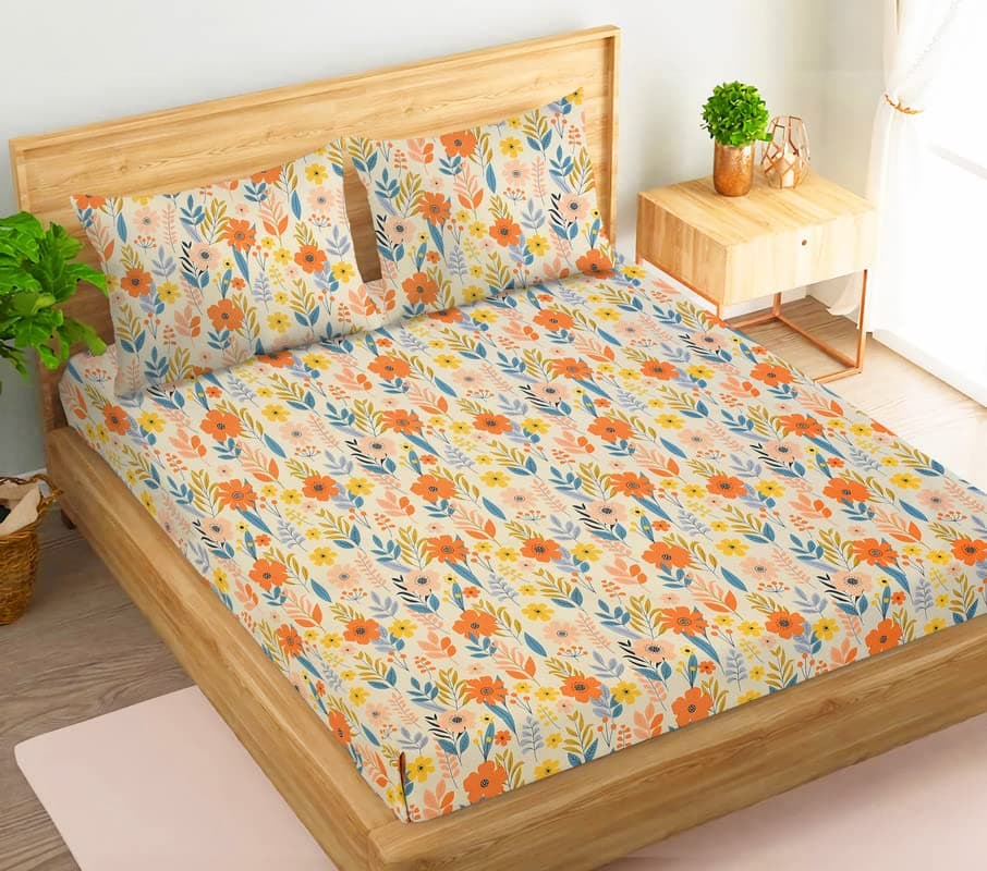 VAS COLLECTIONS 220 TC Pure Cotton Super King Size Bedsheets with 2 King Size Pillow Covers| Kingston Collections 100% Cotton Luxuary Soft Sheets (3pcs Set) |108x108 inches-Beige & Yellow