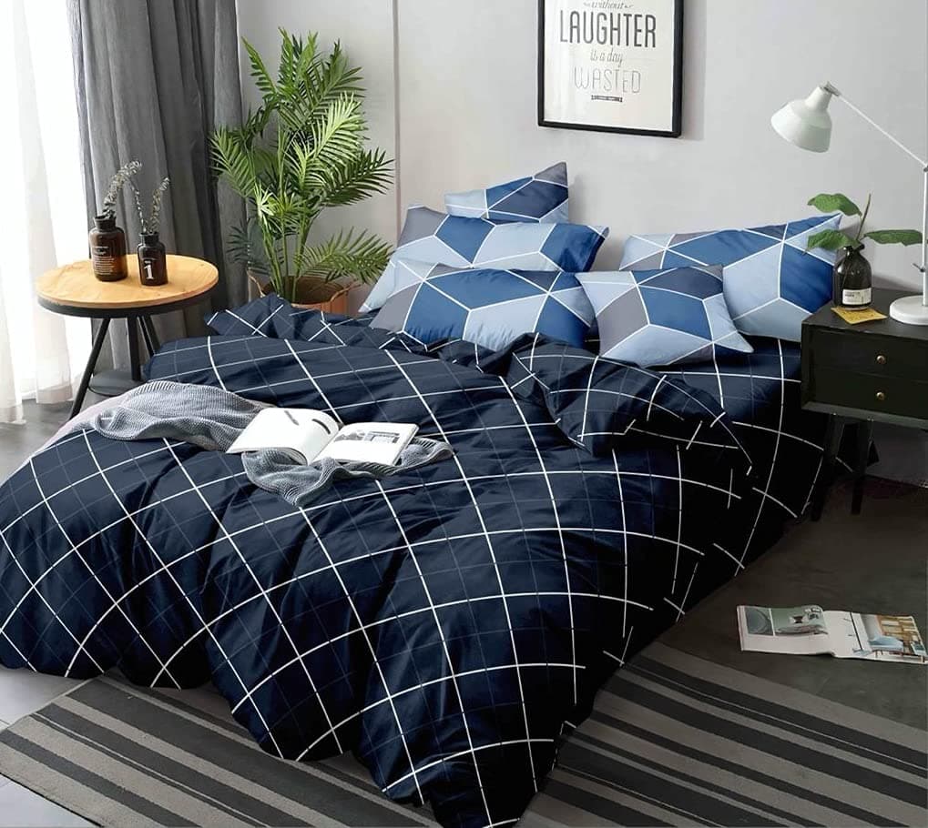 HOME STYLE 200TC Super Soft Glace Cotton King Size Zipper Duvet Quilt Comforter Cover for Double Bed (90X100 Inch) With Same Designed Pillow Cover (2 Pcs) (Navy Blue Lines)
