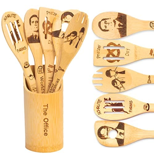 The Office Wooden Spoons Set, TV Show Merchandise Gifts for Fans, 6 Piece Kitchen Utensils with Holder, Non-Stick, Cooking and Serving, Housewarming Decor Present for Women/Mom