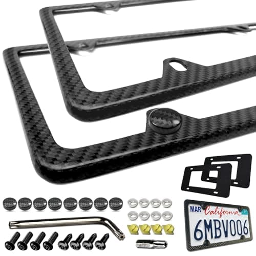 BGGTMO Carbon Fiber License Plate Frames - 100% Real Carbon Cloth Wrapped Stainless Steel Metal, Slim Car Tag Holder with Anti-Theft Screws & Caps (2 Pack 4 Hole)