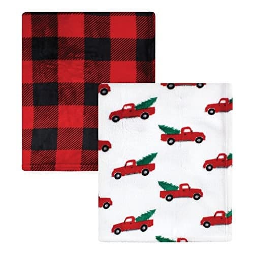 Hudson Baby Unisex Baby Silky Plush and Coral Fleece Blanket Christmas Tree Truck 30x36 inches