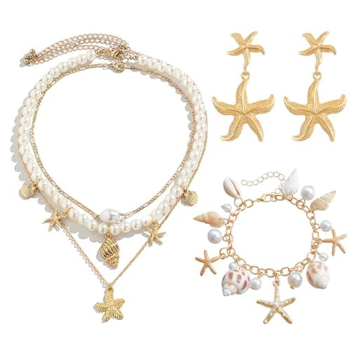 TecoKart® Layered Necklace for Women with Beach-Style Seashell & Starfish Design Beach Jewellery | Layered Necklace | Light & Comfortable | Adjustable Length