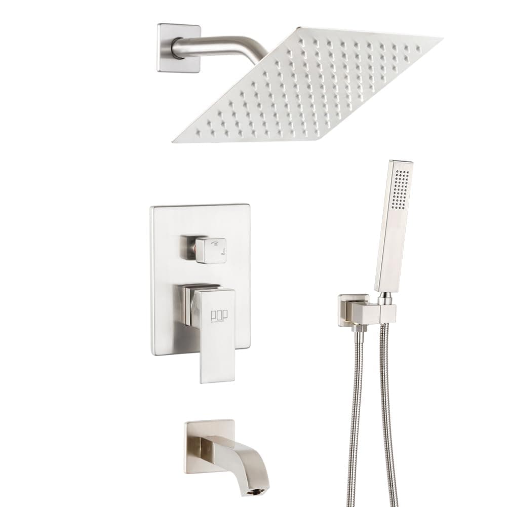 POP SANITARYWARE Shower Tub Faucet Set Brushed Nickel Bathroom 8 Inch Shower Head System with Tub Spout Wall Mounted Singe Handle Tub and Shower Trim Kit with Valve