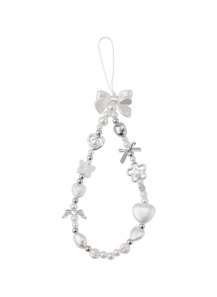 Bowknot Y2K Bracelet with Keychain Charm Pearl Phone Hanging Rope Chain Beaded Phone Keychain,Anti-Lost Lanyard Wrist Chain for Mobile Camera Backpack Wallet (Baroque Angel Design)