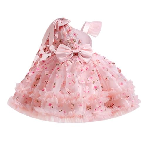 OBEEII Birthday Dress for Baby Girls 3D Flower Baptism Tutu Dress Asymmetric Shoulder Bowknot Princess Party Photoshoot Outfit Formal Prom Pageant Tulle Gown Light Pink-3D Flower 9-12 Months