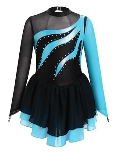 Girl Figure Skating Dress Shiny Metallic Sheer Mock Neck Toddler Ice Skating Clothes Teen Rhinestone Rhythmic Gymnastics Leotard with Chiffon Skirt Long Sleeve Ice Skater Teal Blue 1112 Years