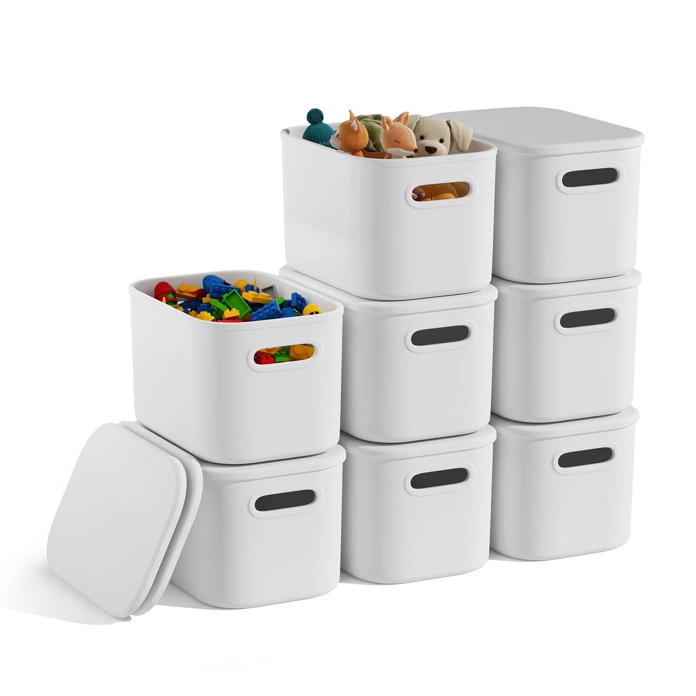 BOBIBOSS 8 Pack White Storage Bins with Lids for Shelves White Storage Containers with Lids for Organizing Storage Box with Handle Stackable White Plastic Bin for Classroom Craft Snacks