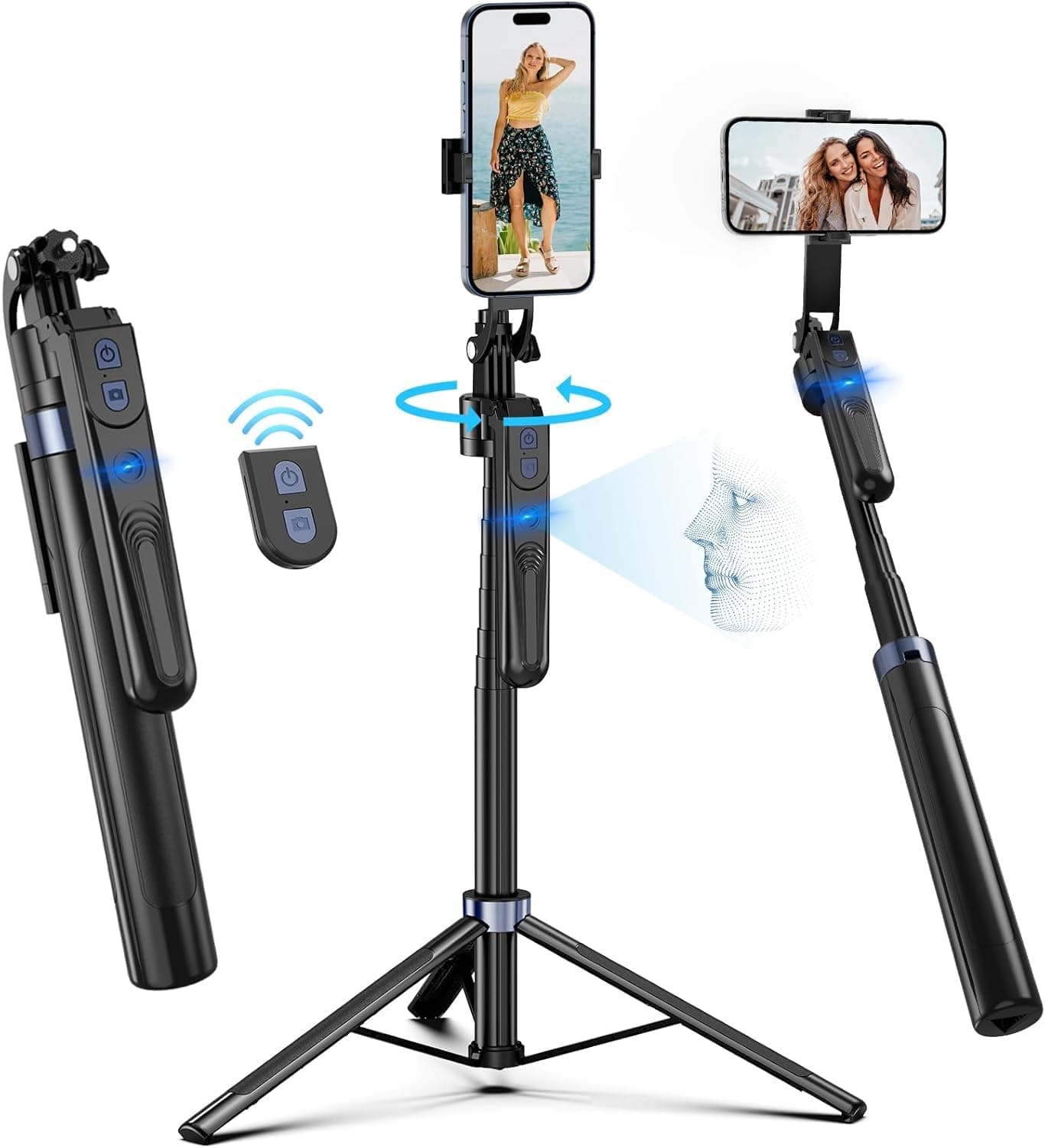 TECHNOVIEW AI-Powered Selfie Stick for Mobile, Auto Face Tracking Tripod 360 Rotation with Stand, Tripod Holder with Remote & Gesture Control, Long Aluminum Extension for Mobile & Quad-Leg Stability