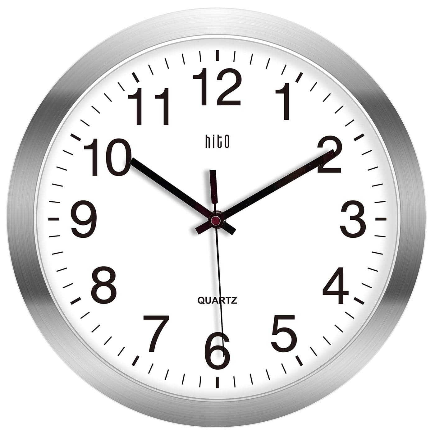 HITO 12 Inch Silent Wall Clock Battery Operated Non Ticking Glass Cover Silver Aluminum Frame for Kitchen Bedroom Home Office Living Room Decor