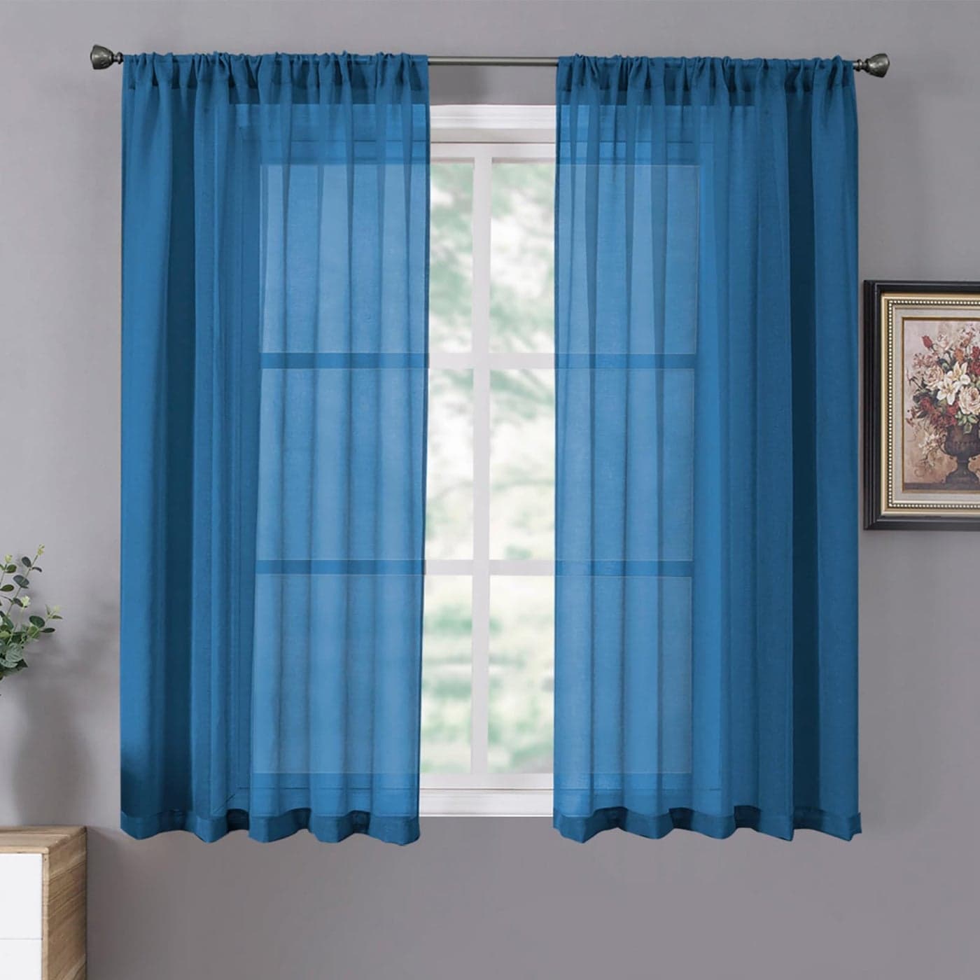 Tollpiz Short Sheer Curtain Linen Textured Bedroom Curtains Sheer Light Filtering Rod Pocket Voile Curtain for Living Room 54 x 54 inches Long Classic Blue Set of 2 Panels
