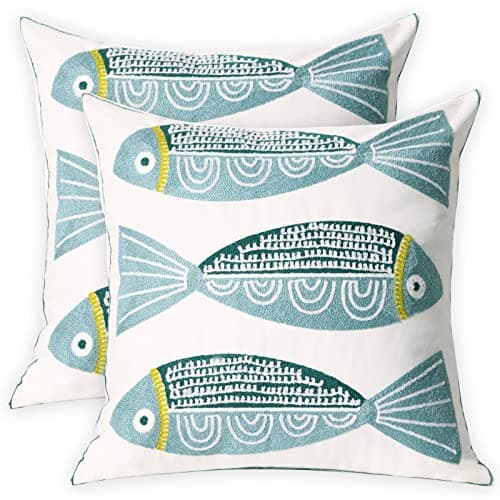 UnionKK 2 PCS Embroidered Throw Pillow Cover Cotton Decorative Square Cushion Cases for Home Sofa Bed and Chair 18 x 18 Inch Blue Fish2