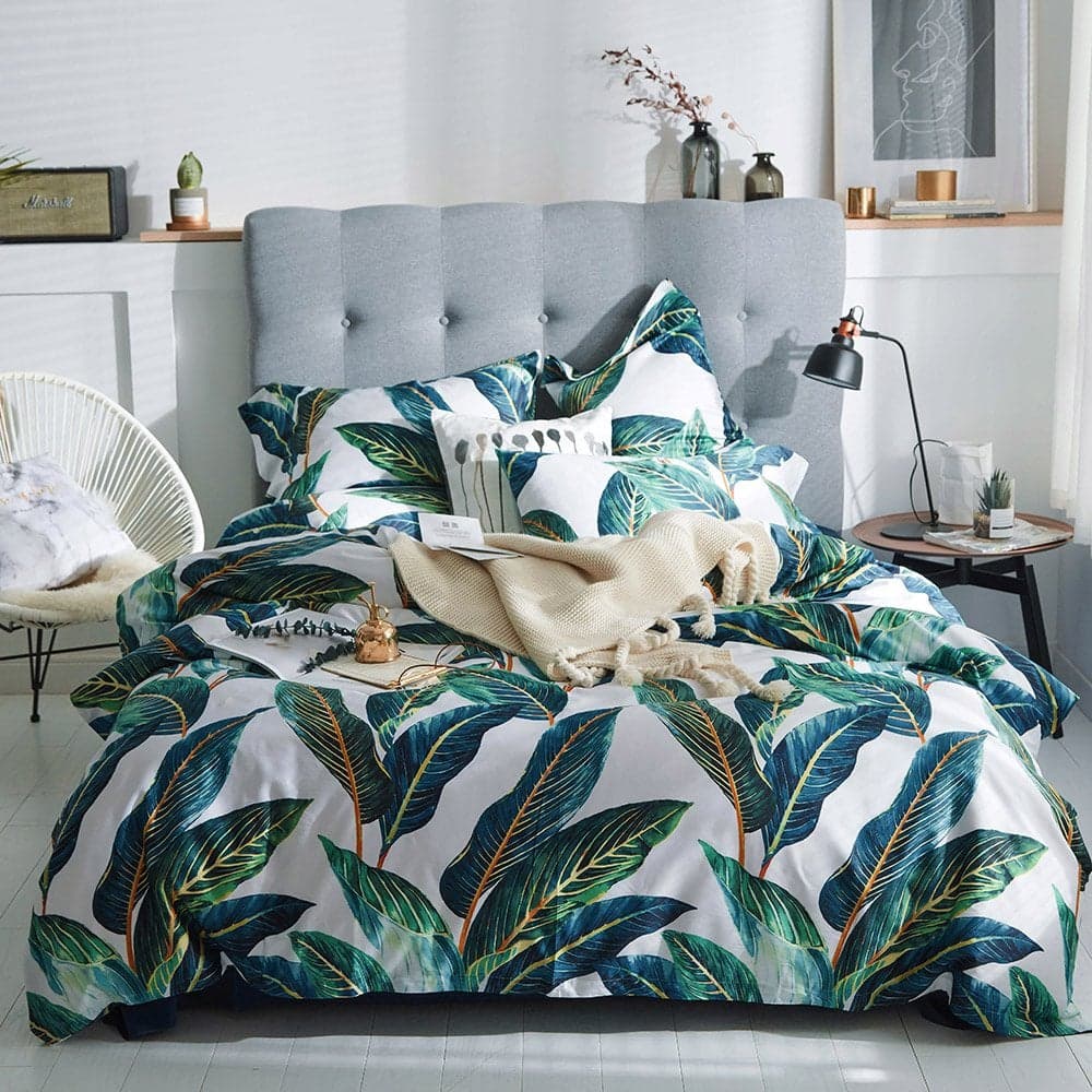 VM VOUGEMARKET King Duvet Cover Set Tropical Leaves Bedding Set3 Piece Egyptian Cotton Green Quilt Cover with Zipper ClosureReversible Vintage Printed Luxury Bedding SetTropical LeafKing