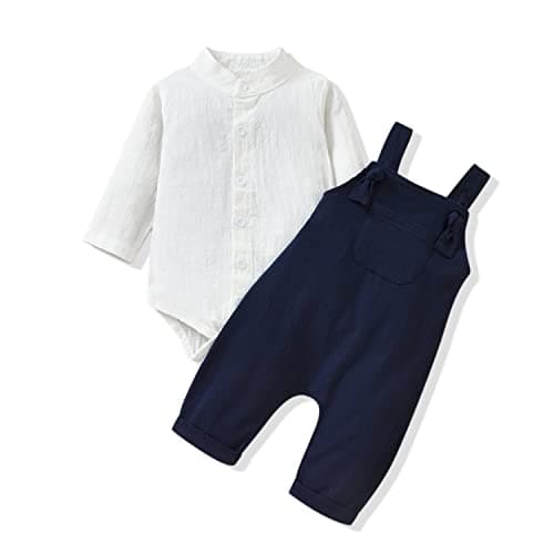 Unutiylo Baby Boys Overalls Linen Clothes 2PCS Set Infant Toddler Gentleman Outfits Set Baby Suspender Pants and Bodysuit Romper Shirt (Navy, 12-18M)