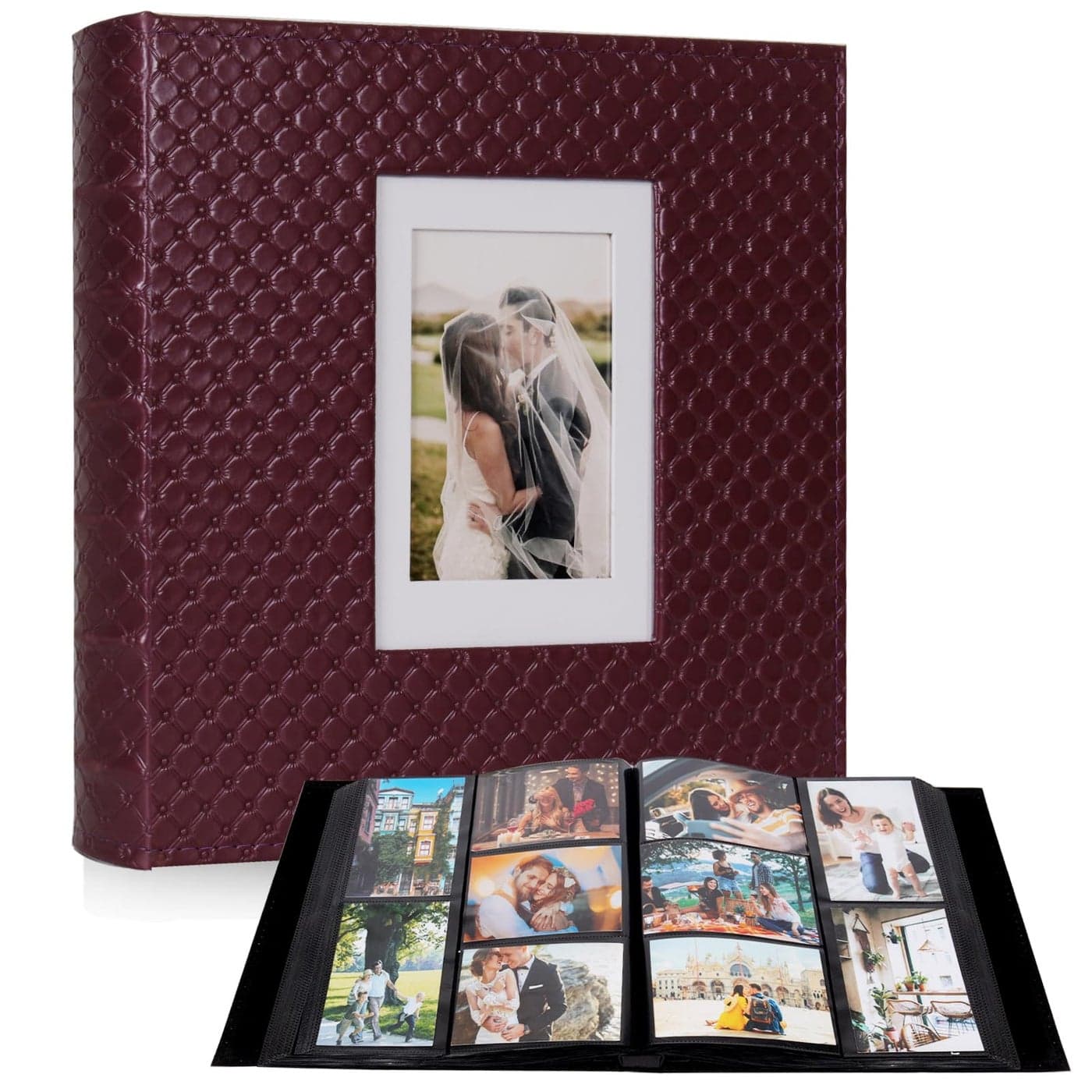 RECUTMS Photo Album 4x6 600 Photos Black Inner Page Button Grain Leather Big Capacity Pockets Pictures Album Birthday Christmas Photo Albums Wedding Anniversary Holiday Gift Red Wine