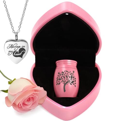 Small Urns for Human Ashes Keepsake - 1.6" Pink Mini Cremation Urn w/Heart Box Necklace - Very Feminine Pretty Tiny Funeral Urn - Little Miniature Urn Memorial Gift for Baby Mom Sister Women Female