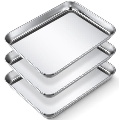 Potchen 3 Pcs Baking Sheet Pan Set Stainless Steel Cookie Sheet Small Toaster Oven Pans Tray Barbecue Grill Pan Rectangle Trays Oven Freezer Bakery, Non-stick, Easy Clean, 9 x 6.7 x 1 Inches