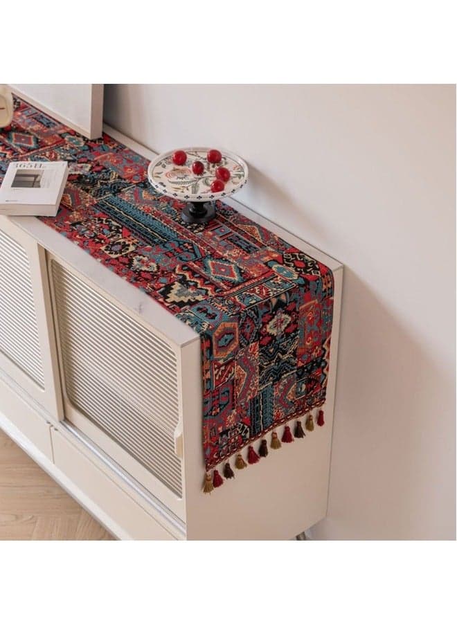 Nordic jacquard table runner holiday decoration table runner with tassels red 33*180cm