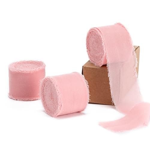 Husfunov Blush Pink Handmade Chiffon Ribbon15Inch x 3 Rolls Total 24 Yards Blush Pink Fringe Chiffon Silk Ribbonfor Wrapping Wedding InvitationsBridal BouquetsDIY CraftsHome Decor and More