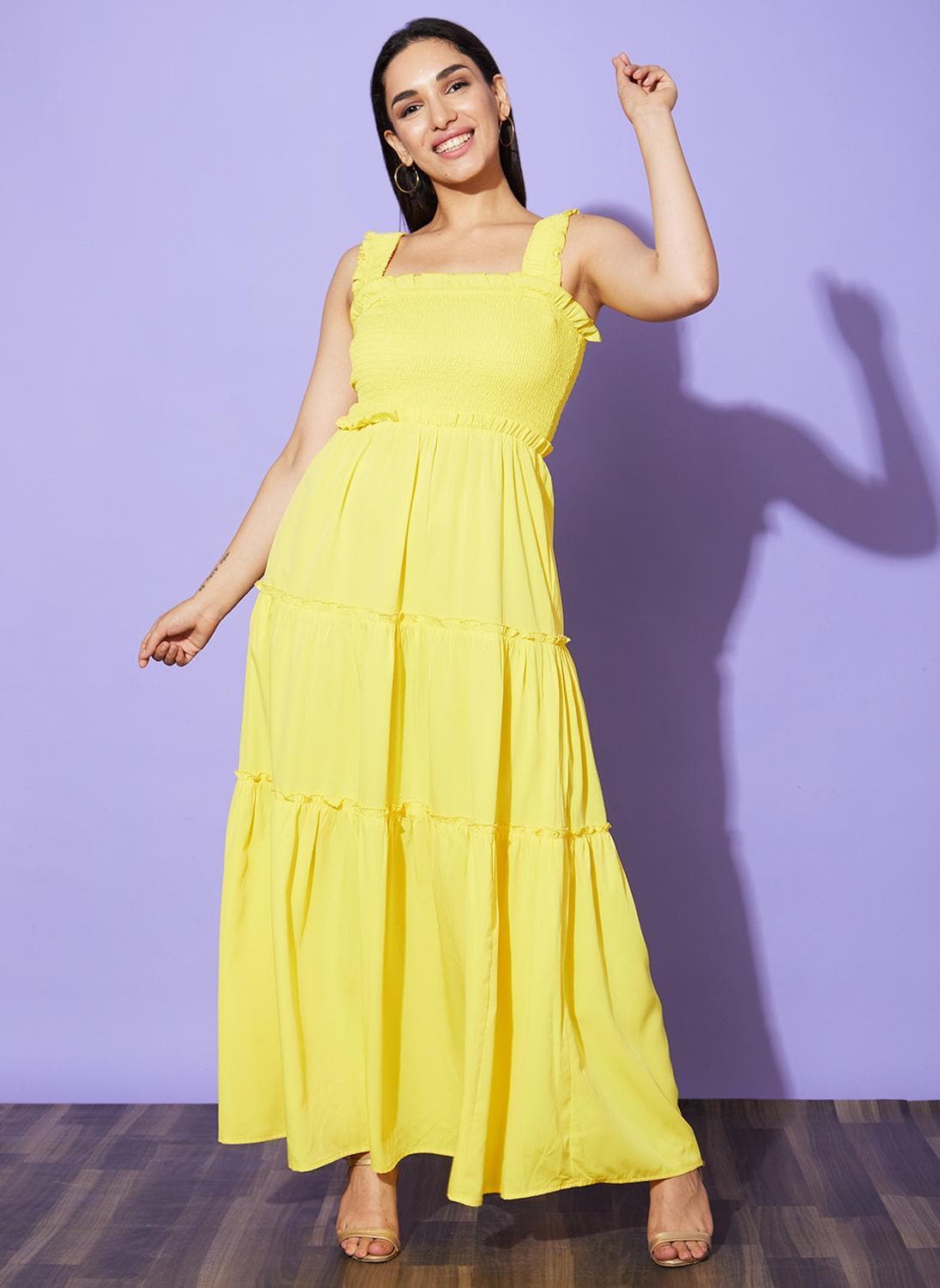 Globus Women's Dress Yellow Party with Smocked Detail and Shoulder Straps