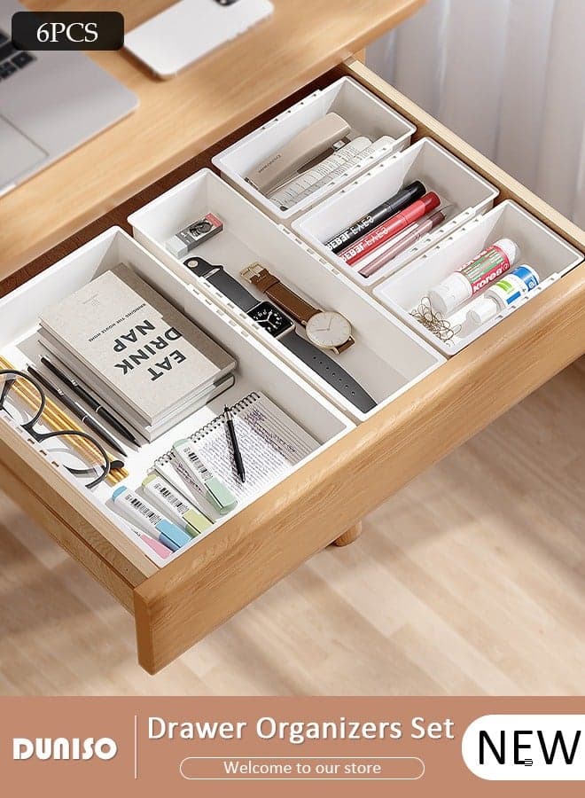 6PCS Drawer Organizers Tray Set, 3 Sizes Plastic Vanity Drawer Organizers, Stretchable Desk Drawer Organizer Trays, Bathroom Drawer Organizer Trays, Versatile Tidy Divider for Dresser,Bathroom,Kitchen,Office