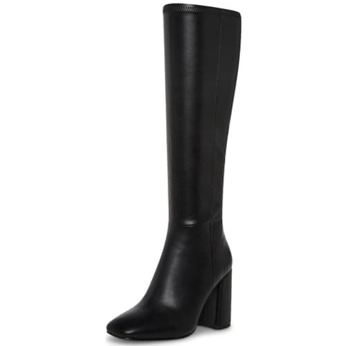 SOVANYOU Black Knee High Boots Leather Tall Black Boots for Women Chunky Heeled Long Boot Square Toe GoGo Boot