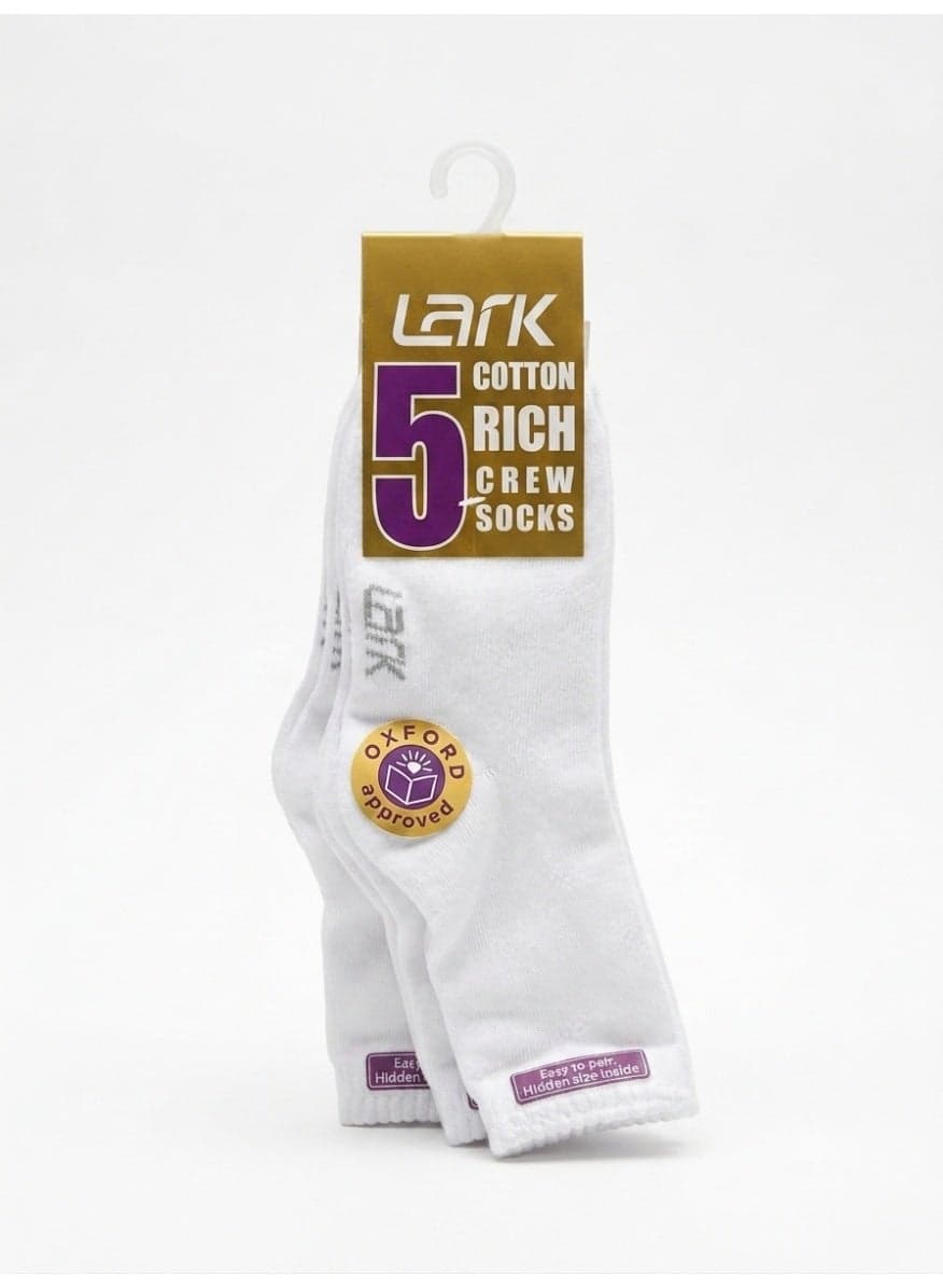 LARK Mens/Womens Cotton Rich Crew Socks, 5 Pack - White Athletic Everyday Socks with Easy - 3-6 years