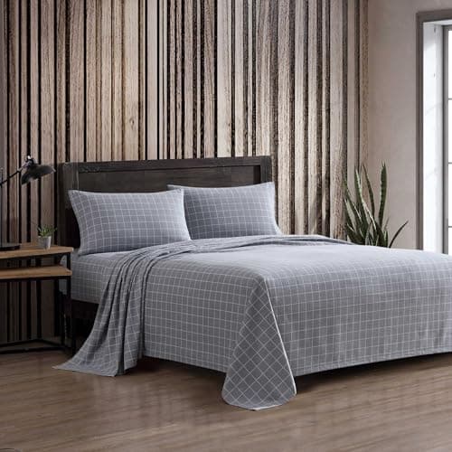 Eddie Bauer Full Bed Sheets Cotton Flannel Bedding Set with Matching Pillowcases Brushed for Extra Softness Deep Pocket OekoTex Certified Great Plains Plaid Grey