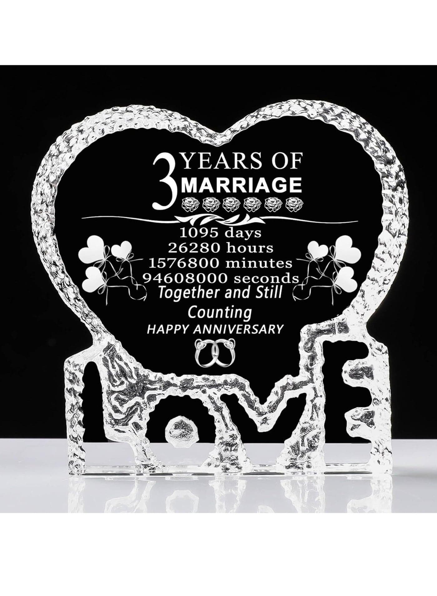 3rd Anniversary Love Engraved Crystal - Gift for For Him, Her, Husband and Wife - Heart-Shaped Crystal Gift for 3rd Anniversary - Love Engraved - Perfect for Couples and Valentine’s Day