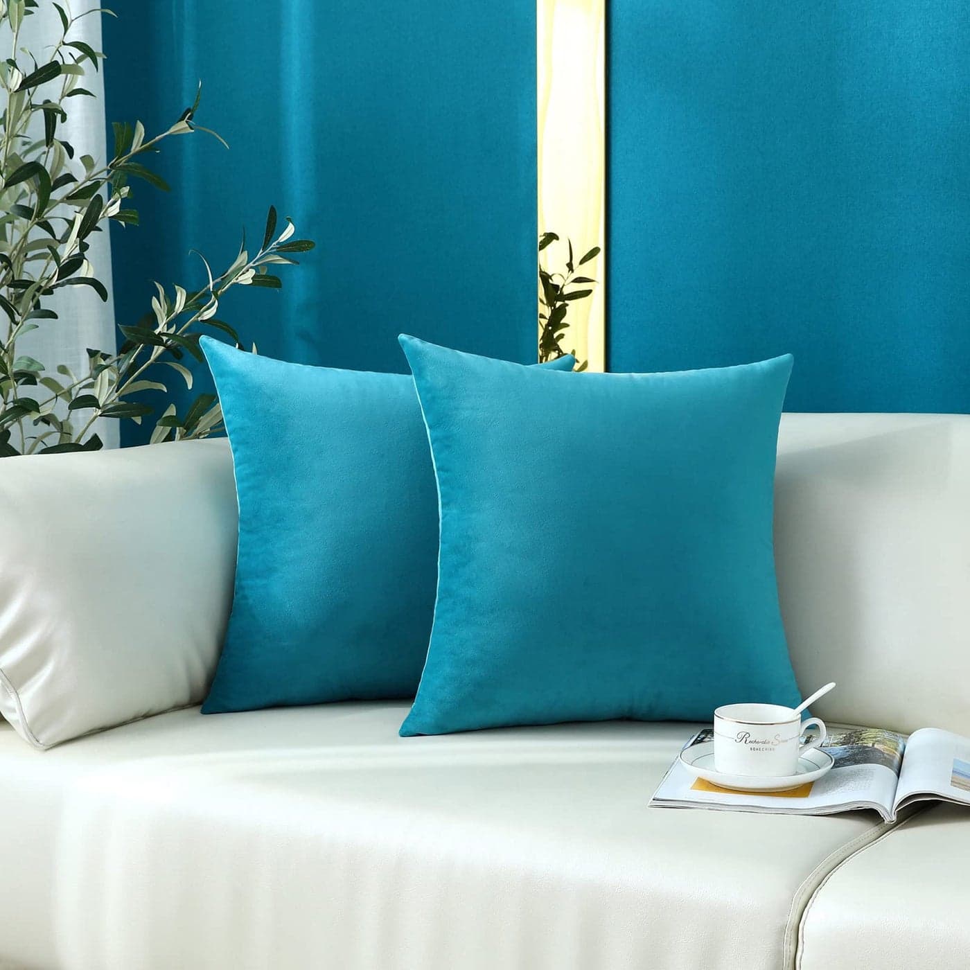 mixeoo Comfy Dark Turquoise Throw Pillow Covers Decorative Square Solid Thick Velvet Super Soft Cushion Cases Home Decor for Sofa Couch Living Room Chair Set of 2 18 x 18 Inch
