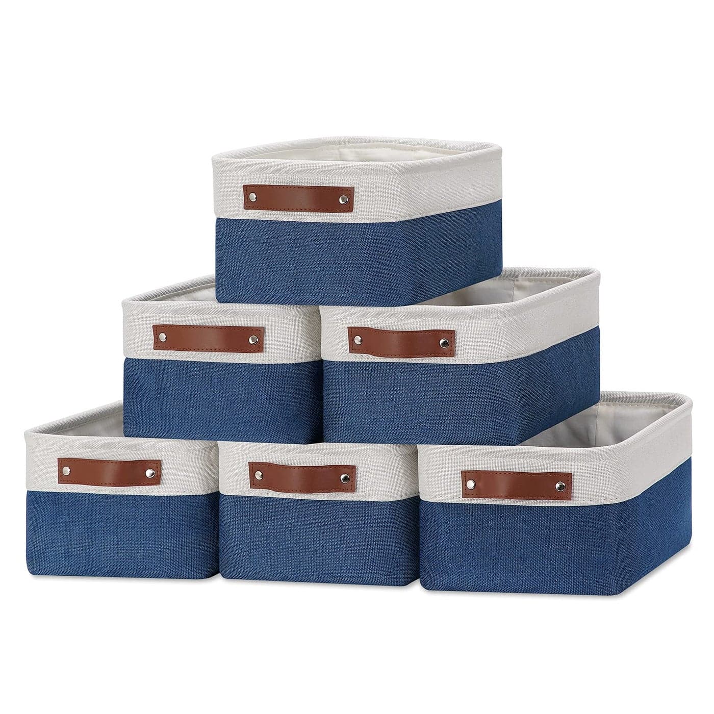 DULLEMELO Set of 6 Small Baskets for Organizing Small Fabric Storage Bins for Toys Storage Collapsible Storage Bins with Leather Handles for Shelves Closets Laundry NurseryWhiteBlue