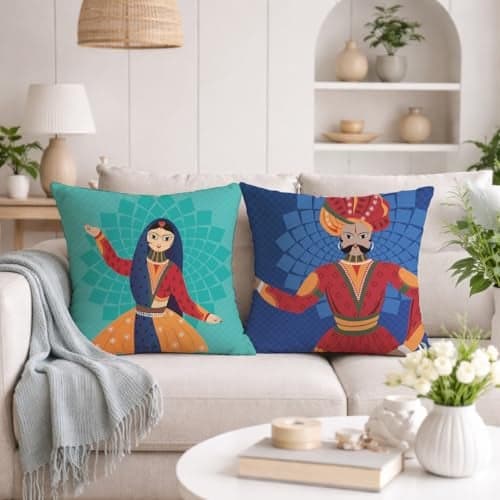 STITCHNEST Set of 2 Polycotton Cushion Covers – 24x24 Inches – Rajasthani Folk Art Print with King & Queen Motifs – Ethnic Decorative Cushion Covers for Sofa & Living Room