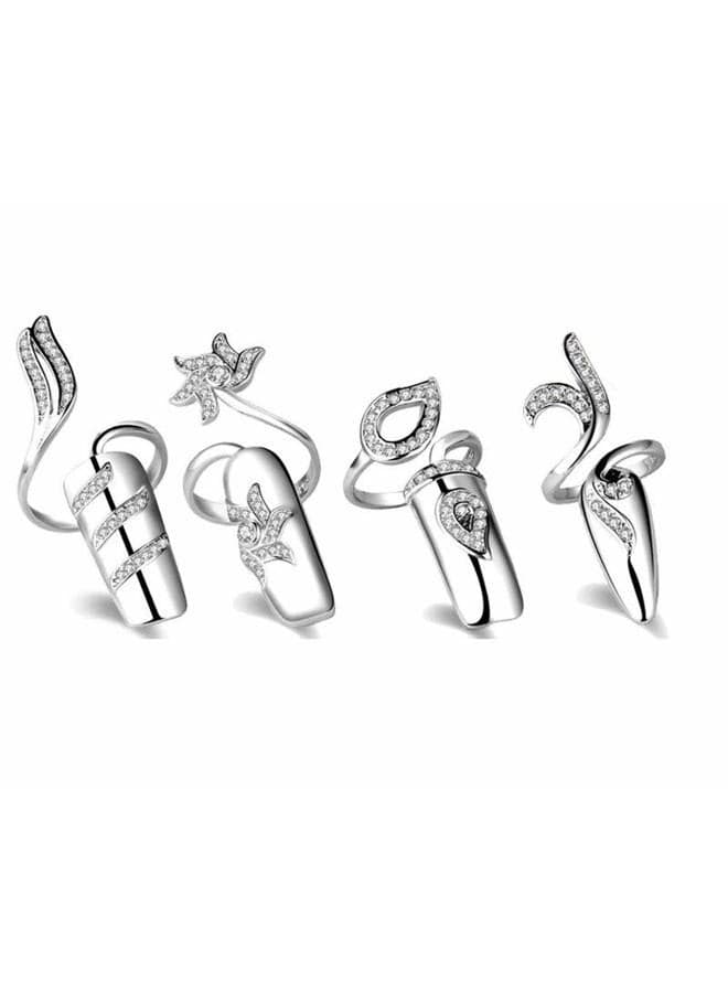 4 PCS Rhinestone Finger Tip Nail Ring Adjustable Opening Nail Art Charms Accessories Silver Women's Fashion Protecting Fingernail