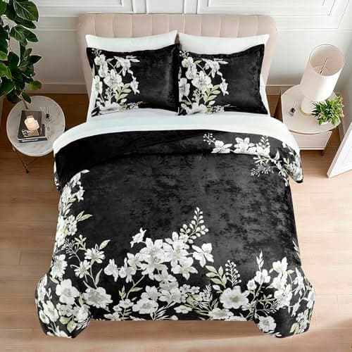 Sunshine Nicole Reversible Comforter Set, Printed Distressed Velvet Front and Sold Distressed Velvet Reverse, 3 Pieces Black Queen, with Soft Polyester Fill