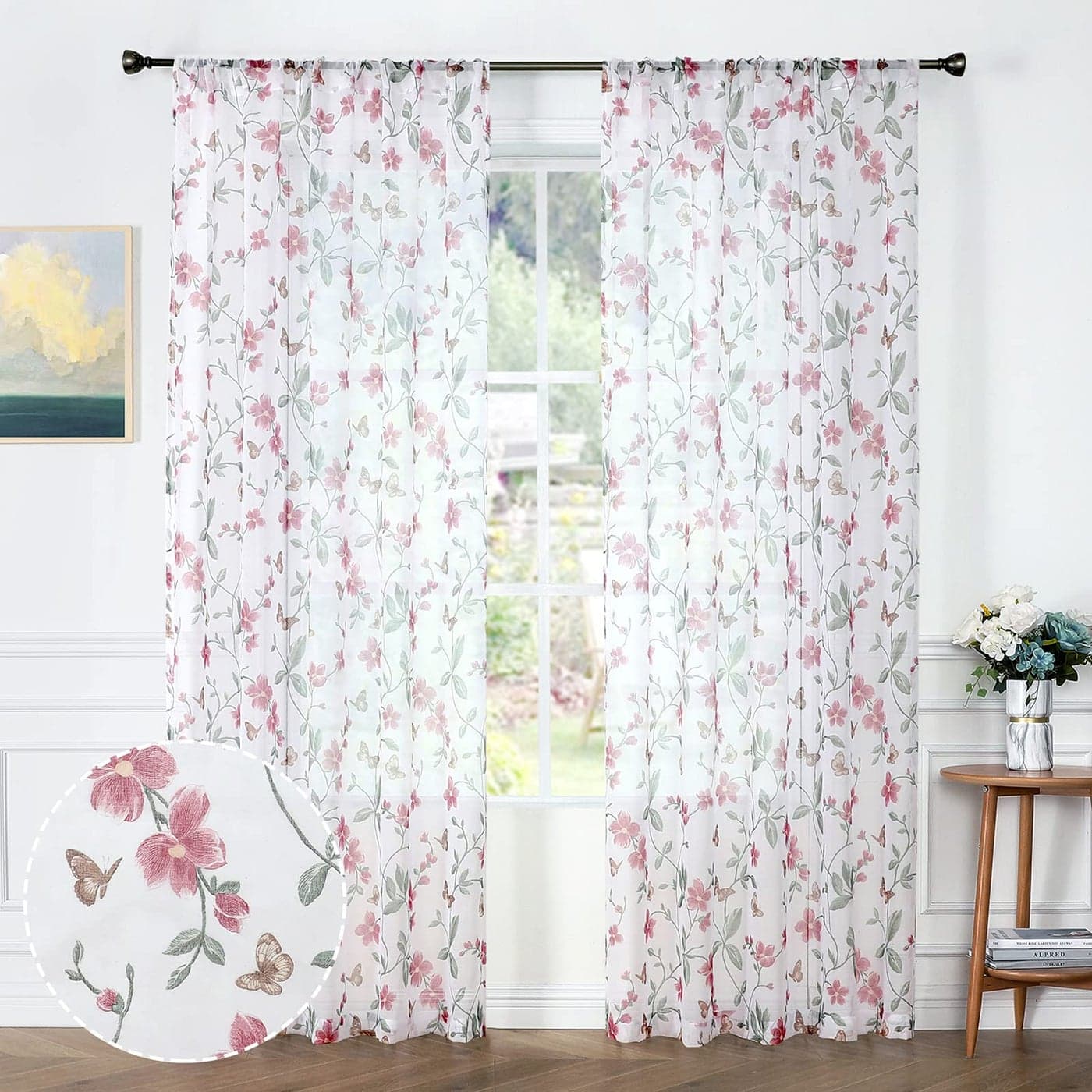 Tollpiz Sheer Floral Curtains Pink Flower Butterfly Printed Bedroom Curtain Rod Pocket Voile Faux Linen Short Window Curtains for Living Room 54 x 45 inches Long Set of 2 Panels