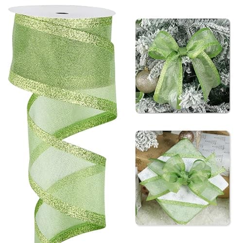 LIZLOVESS Lime Green Christmas Ribbon Wired 25 Inch Metallic Green Wired Ribbon with Glitter Stripe Lime Green Ribbon for Christmas Tree Wreaths Supplies Swag Garland Holiday Decor 10 Yards