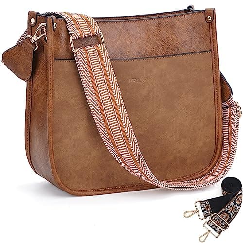 HKCLUF Crossbody Bags for Women Trendy Vegan Leather Hobo Handbags With 2PCS Adjustable Guitar Strap Crossbody Shoulder Bag Purse For Women(Stitching Brown)