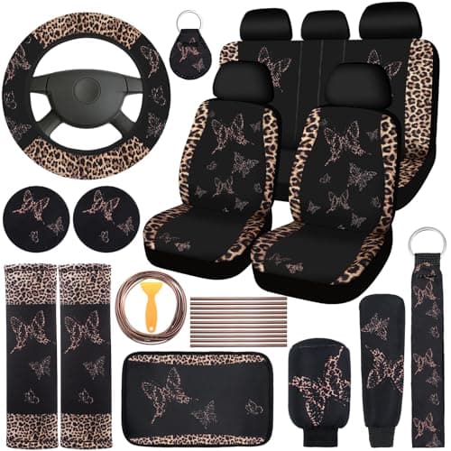 BBTO 43 Pcs Butterfly Car Seat Full Set Butterfly Car Accessories for Women 5 Front Rear Seat Covers Wrist Strap 2 Pcs Cup Mat Armrest Pad 2 Belt Xmas Cover Accessories for SUV(Blue, Black)